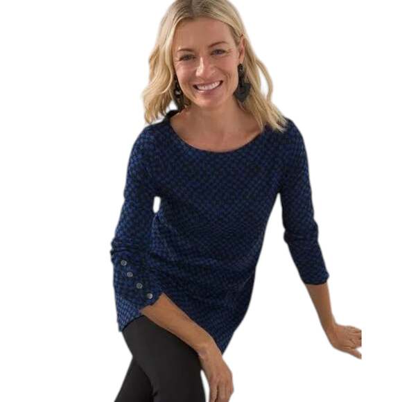 Chico's Tops - Chico's Pima Snap Button Sleeve Blue Checker Tunic Women's Size Large